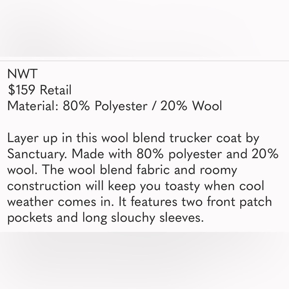 Sanctuary black wool blend Shacket/ Jacket. Quilted lining. Pockets. Size M.NWT - Picture 11 of 11